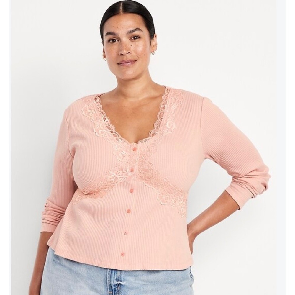 Old Navy Lace Trim V-Neck Ribbed Top Women XL Pink Long Sleeve NWOT
